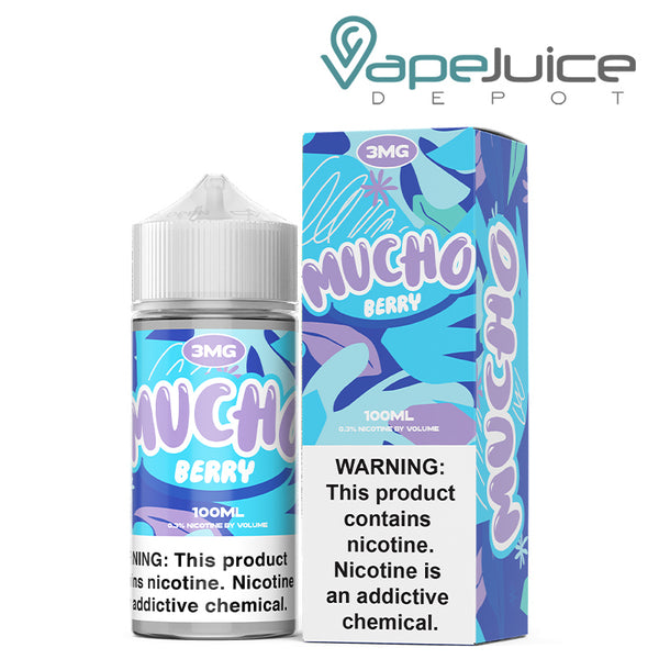 A 100ml bottle of Berry Mucho eLiquid with a warning sign and a box next to it - Vape Juice Depot