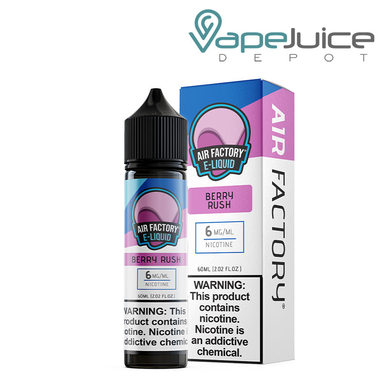 A 60ml bottle of Berry Rush Air Factory eLiquid 6mg with a warning sign and a box next to it - Vape Juice Depot