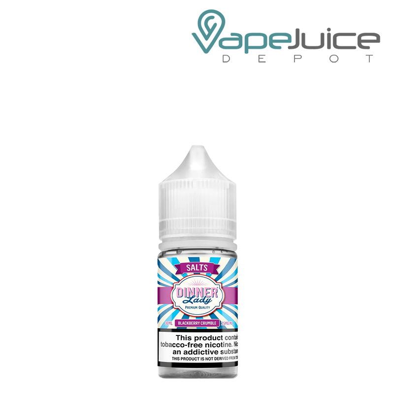 A 30ml bottle of Blackberry Crumble TFN Salt Dinner Lady 25mg with a warning sign - Vape Juice Depot