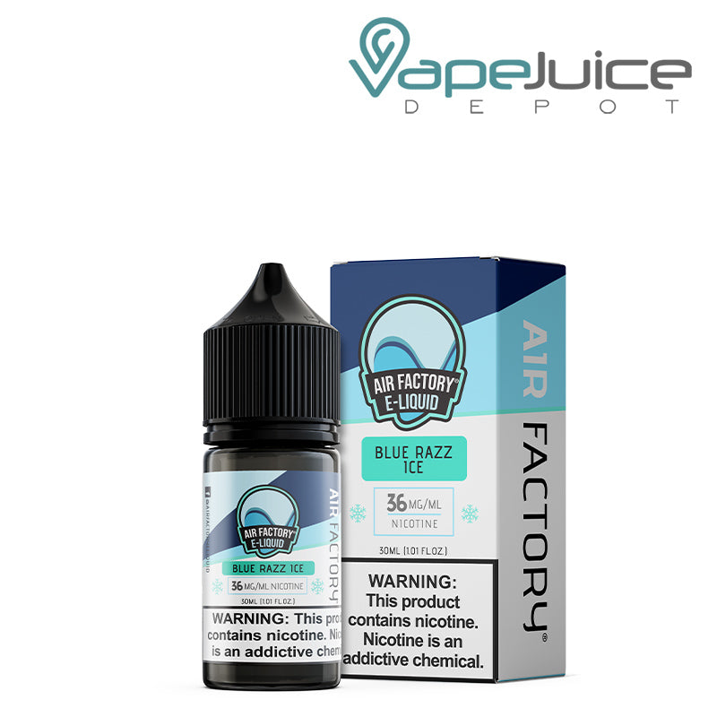 A 30ml bottle of Blue Razz Ice Air Factory Salts 36mg with a warning sign and a box next to it - Vape Juice Depot
