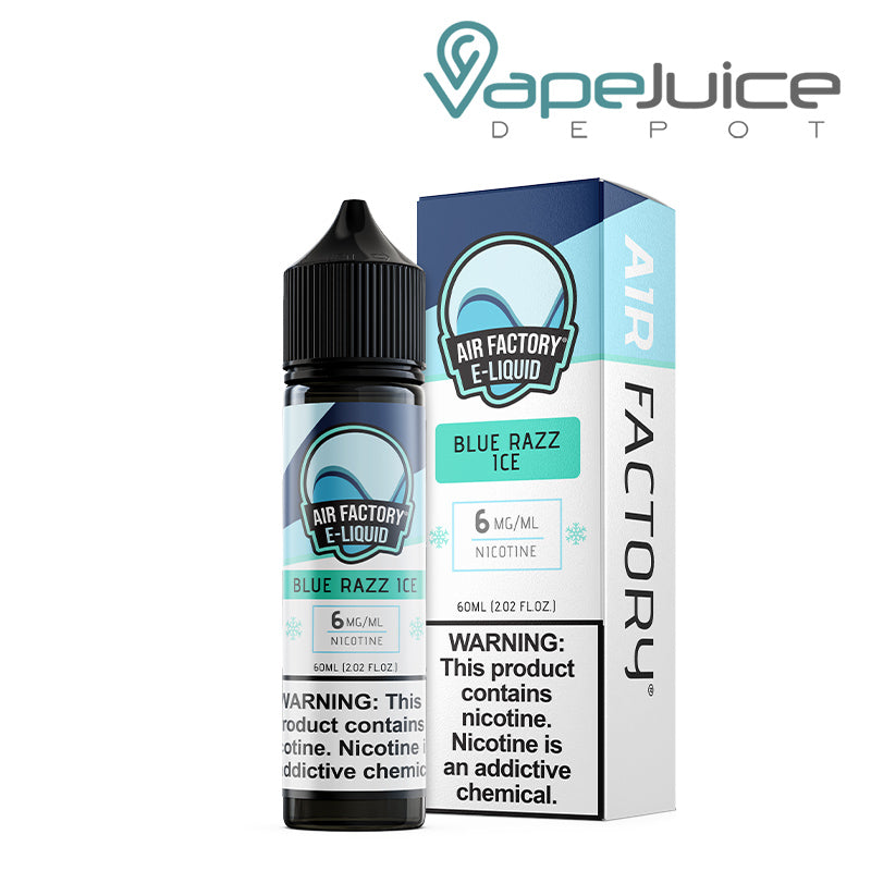 A 60ml bottle of Blue Razz Ice Air Factory eLiquid 6mg with a warning sign and a box next to it - Vape Juice Depot