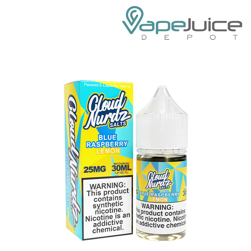 A box of Blue Raspberry Lemon TFN Salts Cloud Nurdz with a warning sign and a 30ml bottle next to it - Vape Juice Depot