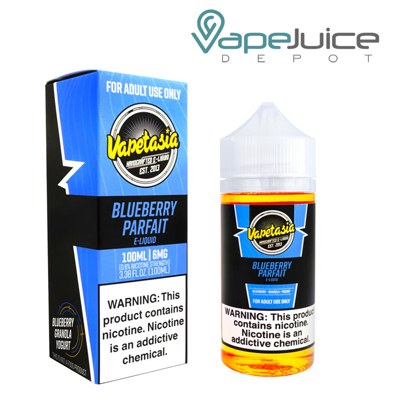 A box of Blueberry Parfait Vapetasia eLiquid with a warning sign and a 100ml bottle next to it - Vape Juice Depot