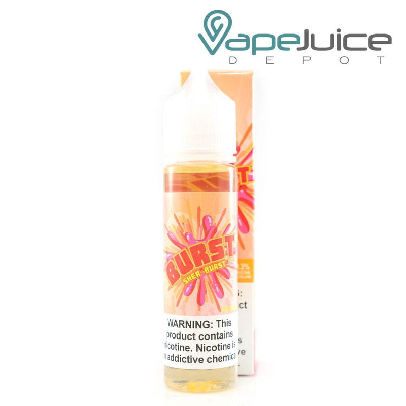A box of Sher-Burst by Burst eLiquid and a 60ml bottle with a warning sign next to it - Vape Juice Depot