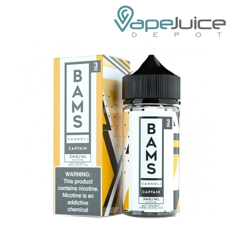 A box of Captain Cannoli Bam Bam's eLiquid with a warning sign and a 100ml bottle next to it - Vape Juice Depot