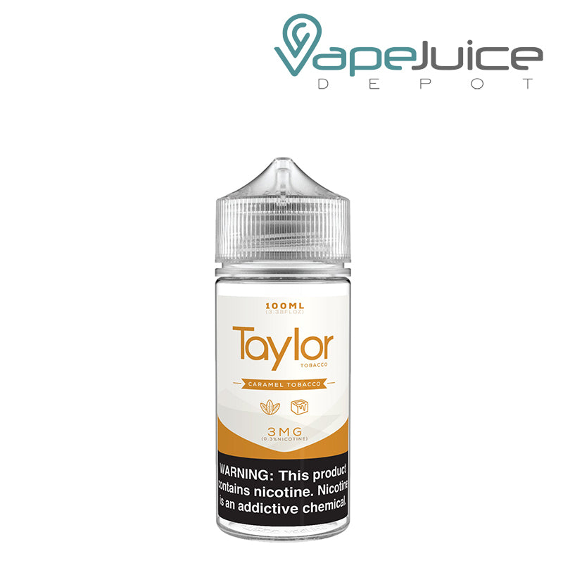 A 100ml bottle of Caramel Tobacco Taylor Tobacco with a warning sign - Vape Juice Depot