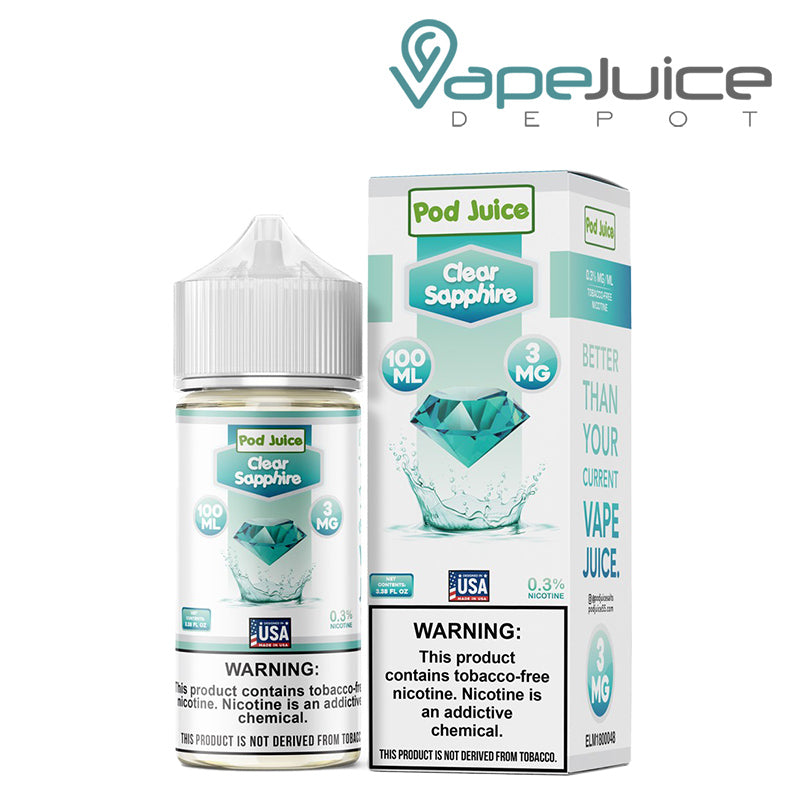 A 100ml bottle of Clear Sapphire Pod Juice TFN with a warning sign and a box next to it - Vape Juice Depot