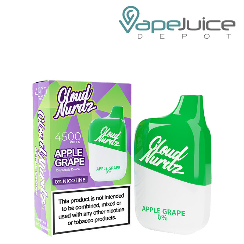 A box of Apple Grape Cloud Nurdz 0% 4500 Disposable Vape with a warning sign and a disposable next to it - Vape Juice Depot