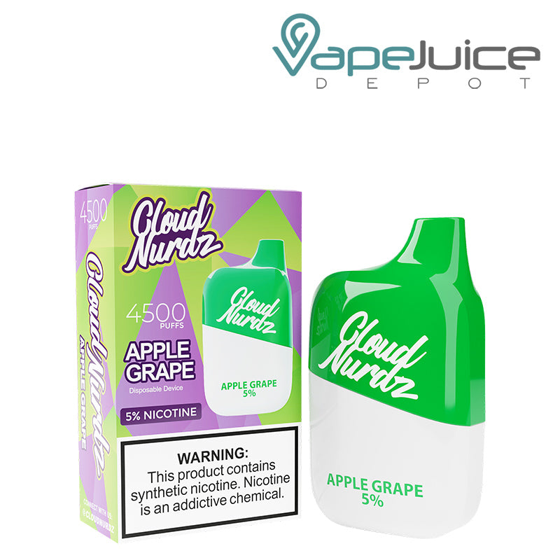 A box of Apple Grape Cloud Nurdz 5% 4500 Disposable Vape with a warning sign and a disposable next to it - Vape Juice Depot