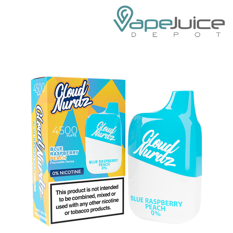 A box of Blue Raspberry Peach Cloud Nurdz 0% 4500 Disposable Vape with a warning sign and a disposable next to it - Vape Juice Depot