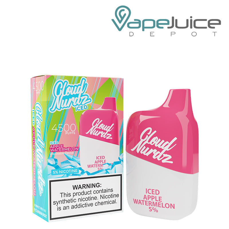 A box of Iced Apple Watermelon Cloud Nurdz 5% 4500 Disposable Vape with a warning sign and a disposable next to it - Vape Juice Depot
