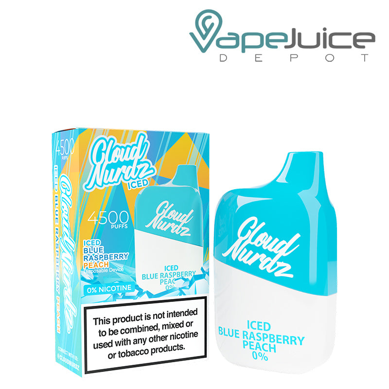 A box of Iced Blue Raspberry Peach Cloud Nurdz 0% 4500 Disposable Vape with a warning sign and a disposable next to it - Vape Juice Depot