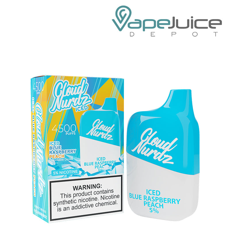 A box of Iced Blue Raspberry Peach Cloud Nurdz 5% 4500 Disposable Vape with a warning sign and a disposable next to it - Vape Juice Depot