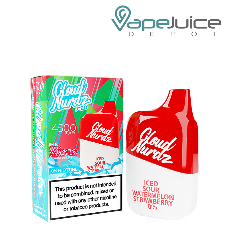 A box of Iced Sour Watermelon Strawberry Cloud Nurdz 0% 4500 Disposable Vape with a warning sign and a disposable next to it - Vape Juice Depot