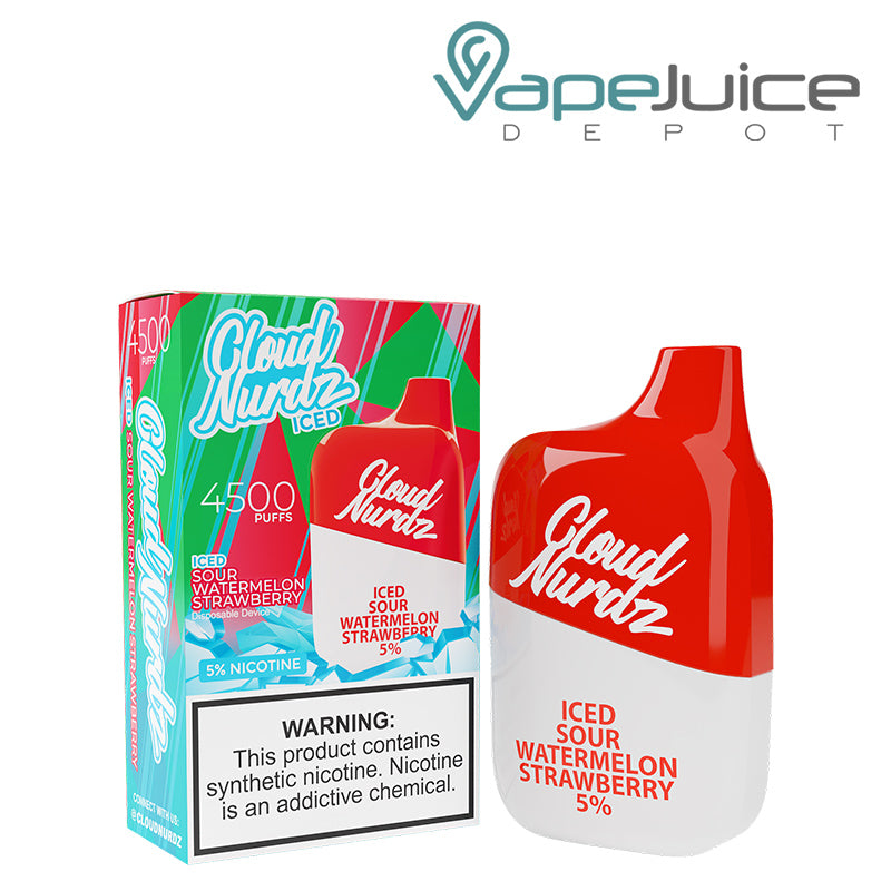A box of Iced Sour Watermelon Strawberry Cloud Nurdz 5% 4500 Disposable Vape with a warning sign and a disposable next to it - Vape Juice Depot