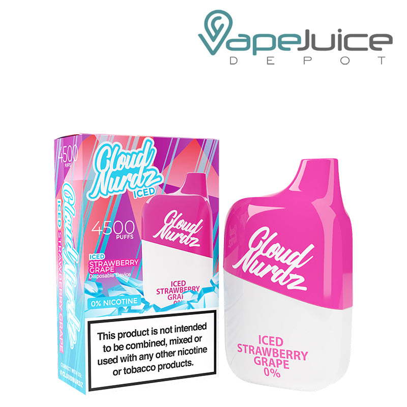 A box of Iced Strawberry Grape Cloud Nurdz 0% 4500 Disposable Vape with a warning sign and a disposable next to it - Vape Juice Depot
