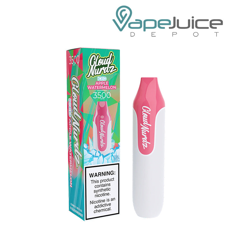 A box of Iced Apple Watermelon Cloud Nurdz 3500 Disposable with a warning sign  - Vape Juice Depot