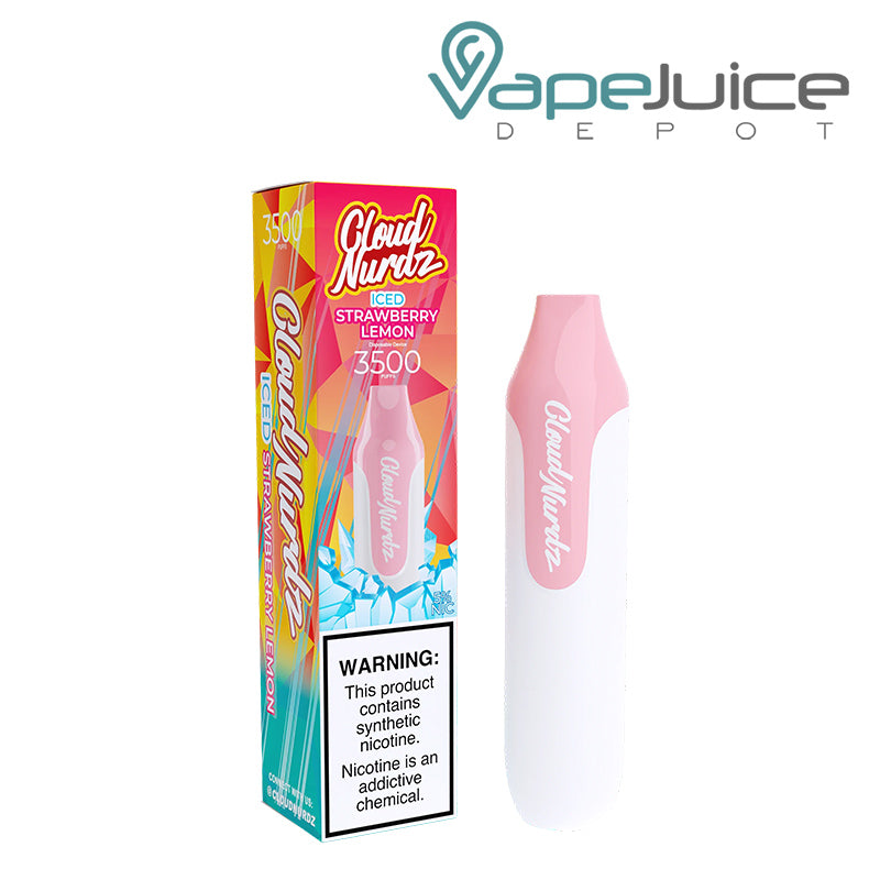 A box of Iced Strawberry lemon Cloud Nurdz 3500 Disposable with a warning sign  - Vape Juice Depot