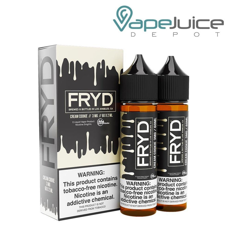 A box of Cream Cookie FRYD TFN eLiquid with a warning sign and two 60ml bottles next to it - Vape Juice Depot