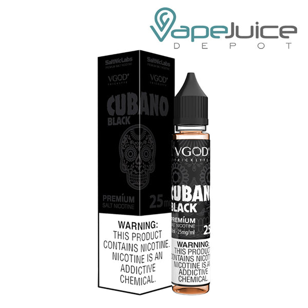 A box of Cubano Black VGOD SaltNic and a 30ml bottle with a warning sign - Vape Juice Depot