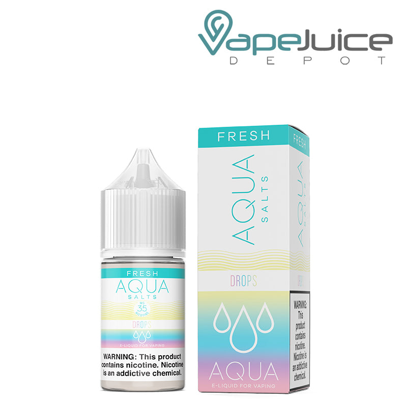 A 30ml bottle of DROPS AQUA Synthetic Salts 35mg with a warning sign and a box next to it - Vape Juice Depot