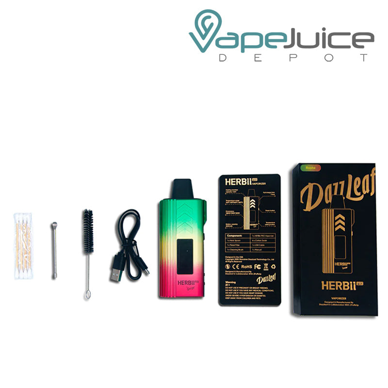A box of DazzLeaf Herbii Pro Dry Herb Vaporizer Kit and different parts next to it - Vape Juice Depot