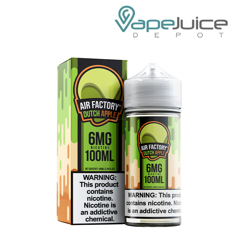 A box of Dutch Apple Pie Air Factory Synthetic eLiquid 6mg with a warning sign and a 100ml bottle next to it - Vape Juice Depot