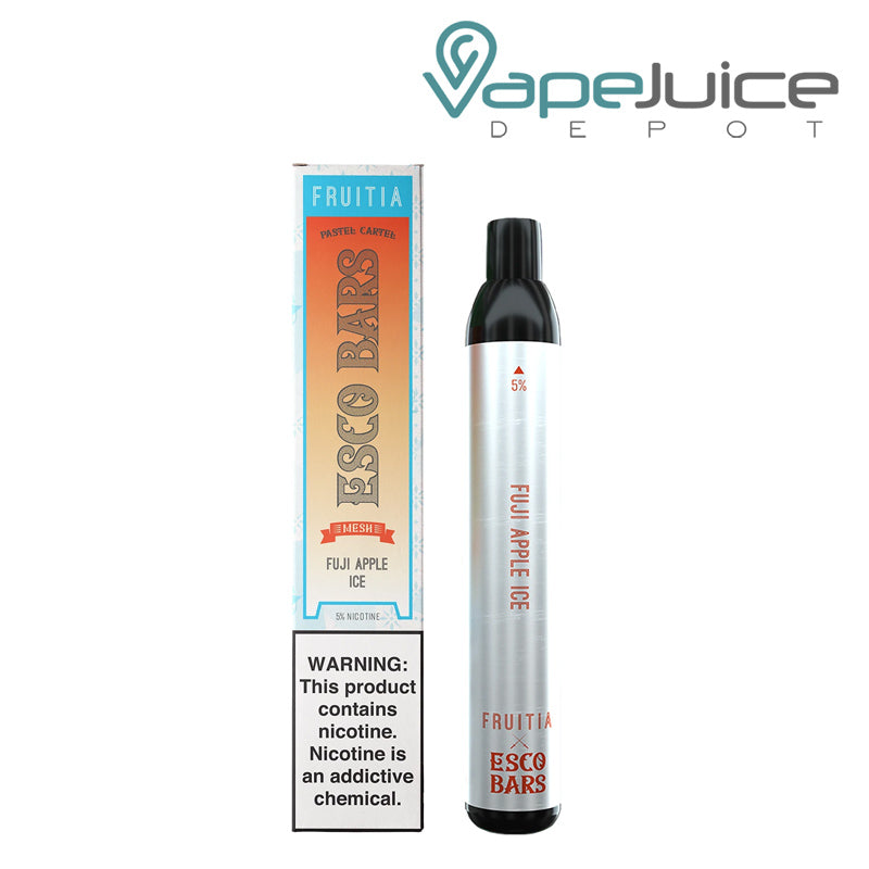 A box of Fuji Apple Ice ESCO Bars Mesh 2500 Disposable with a warning sign and a disposable next to it - Vape Juice Depot