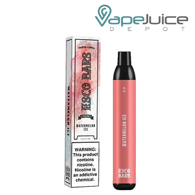 A box of Watermelon Ice ESCO Bars Mesh 2500 Disposable with a warning sign and a disposable next to it - Vape Juice Depot