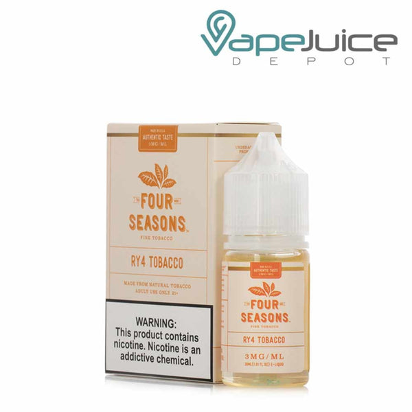 A box of RY4 Tobacco Four Seasons with a warning sign and a 30ml bottle next to it - Vape Juice Depot