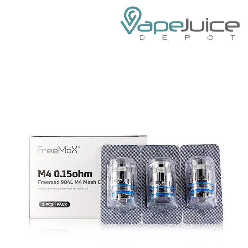 Three FreeMax Maxus Pro M4 Replacement Coils in the pack and a box behind it - Vape Juice Depot