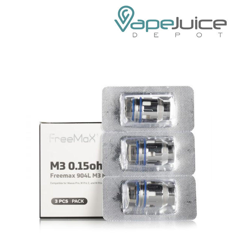 Three FreeMax Maxus Pro M3 Replacement Coils in the pack and a box behind it - Vape Juice Depot