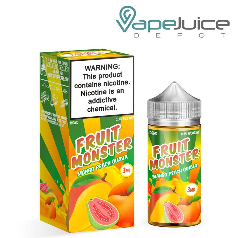 A box of Mango Peach Guava Fruit Monster with a warning sign and a 100ml bottle next to it - Vape Juice Depot