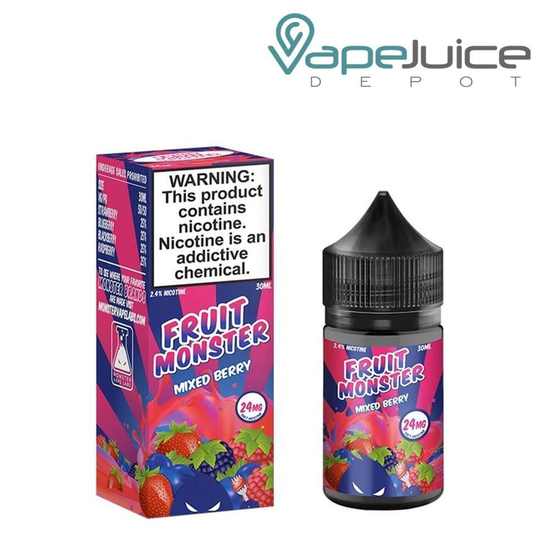 A box of Mixed Berry Fruit Monster Salt with a warning sign and a 30ml bottle next to it - Vape Juice Depot