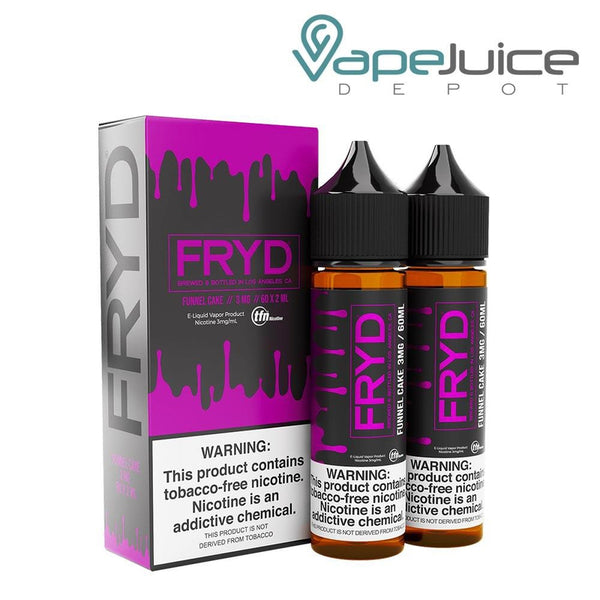 A box of Funnel Cake FRYD TFN eLiquid and a 120ml bottle with a warning sign next to it - Vape Juice Depot