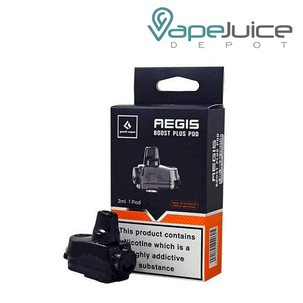 A GeekVape Aegis Boost Plus Replacement Pod and a box with a warning sign on it - Vape Juice Depot