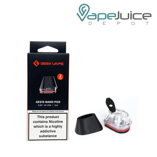0.6ohm GeekVape Aegis Nano Replacement Pods and a box with a warning sign next to it - Vape Juice Depot
