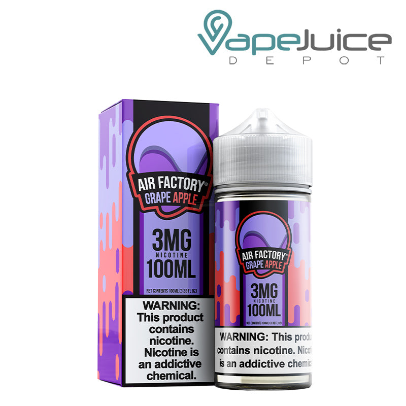 A box of Grape Apple Air Factory Synthetic eLiquid 3mg with a warning sign and a 100ml bottle next to it - Vape Juice Depot