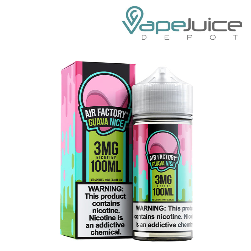 A box of Guava Nice Air Factory Synthetic 3mg with a warning sign and a 100ml bottle next to it - Vape Juice Depot
