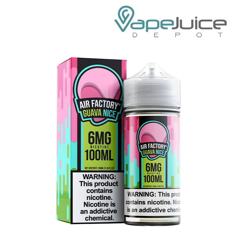 A box of Guava Nice Air Factory Synthetic 6mg with a warning sign and a 100ml bottle next to it - Vape Juice Depot
