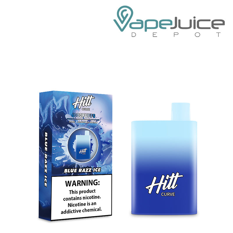 A box of Blue Razz Ice Hitt Curve Disposable Pod with a warning sign and a disposable next to it - Vape Juice Depot