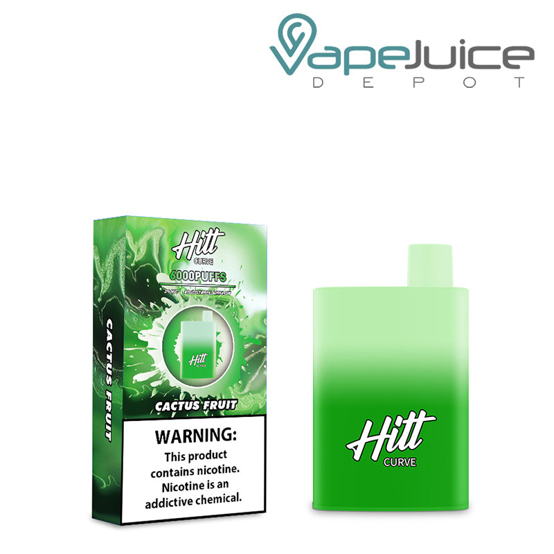 A box of Cactus Fruit Hitt Curve Disposable Pod with a warning sign and a disposable next to it - Vape Juice Depot