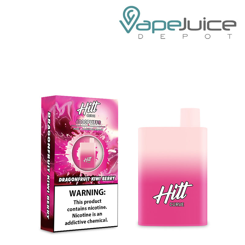 A box of Dragonfruit Kiwi Berry Hitt Curve Disposable Pod with a warning sign and a disposable next to it - Vape Juice Depot
