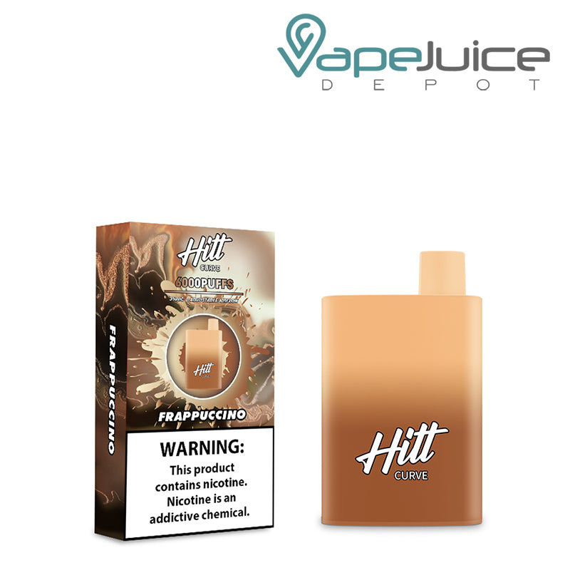 A box of Frappuccino Hitt Curve Disposable Pod with a warning sign and a disposable next to it - Vape Juice Depot