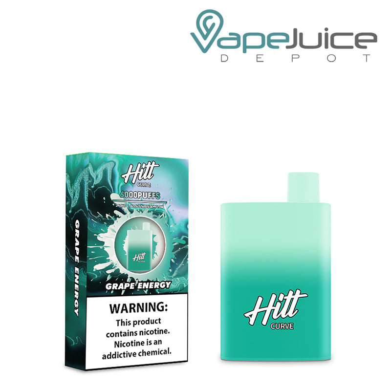 A box of Grape Energy Hitt Curve Disposable Pod with a warning sign and a disposable next to it - Vape Juice Depot