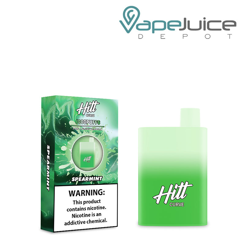A box of Spearmint Hitt Curve Disposable Pod with a warning sign and a disposable next to it - Vape Juice Depot