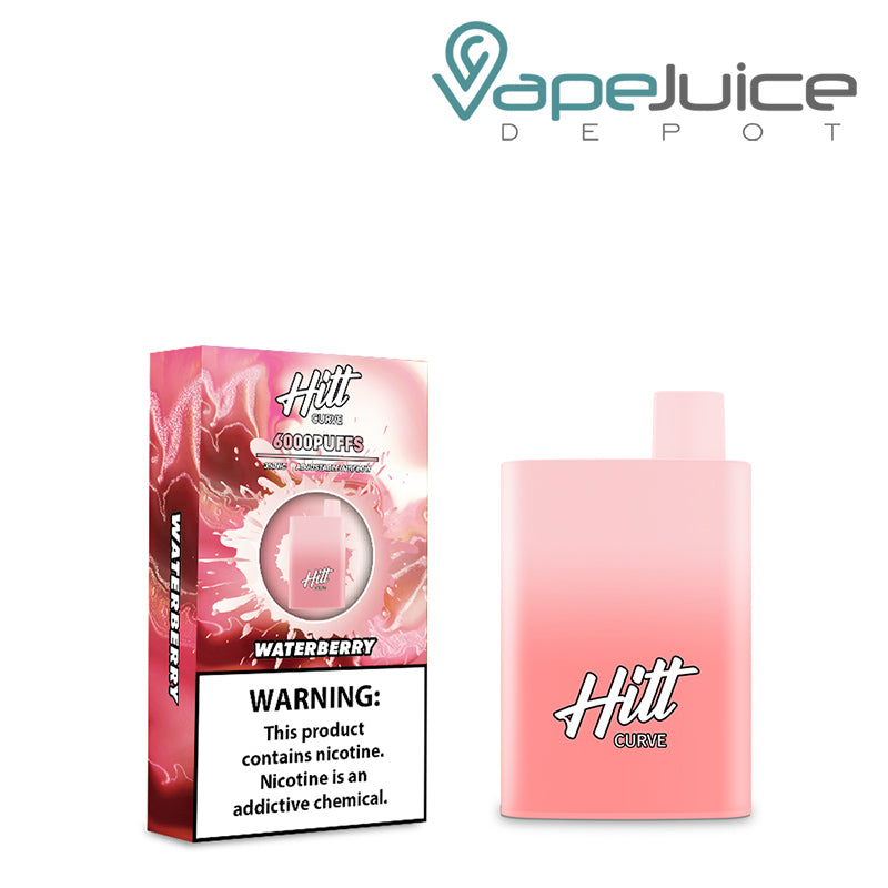 A box of Waterberry Hitt Curve Disposable Pod with a warning sign and a disposable next to it - Vape Juice Depot
