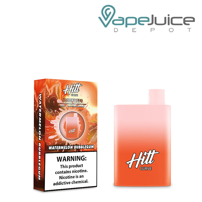 A box of Watermelon Bubblegum Hitt Curve Disposable Pod with a warning sign and a disposable next to it - Vape Juice Depot