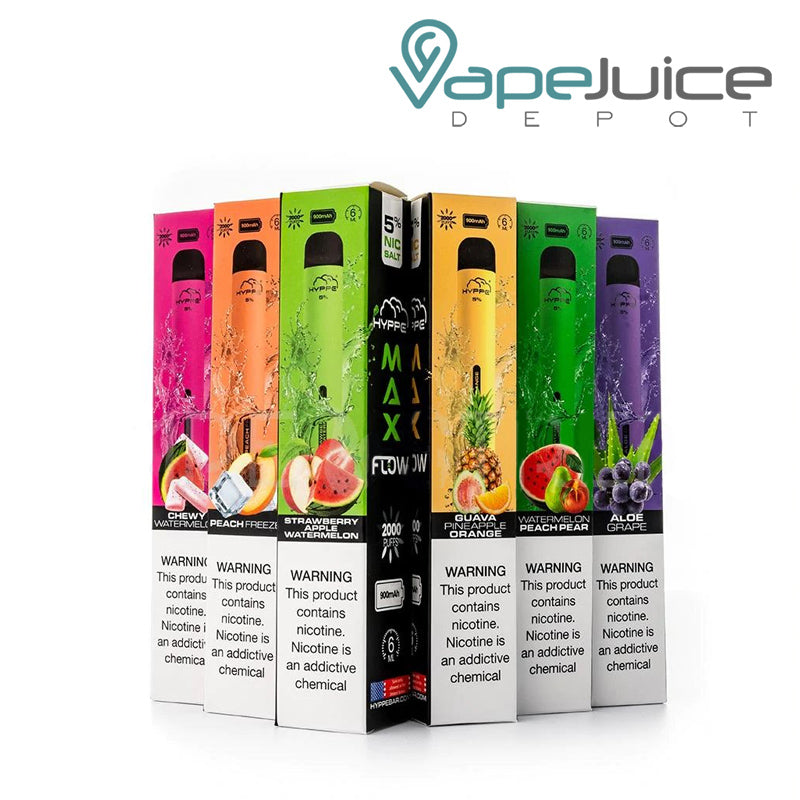 Six flavors of HYPPE Max Flow Disposable Vape with a warning sign - Vape Juice Depot