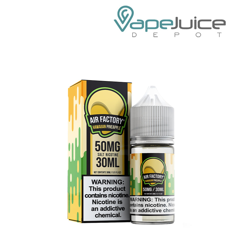 A box of Hawaiian Pineapple Salts Air Factory Synthetic with a warning sign and a 30ml bottle next to it - Vape Juice Depot